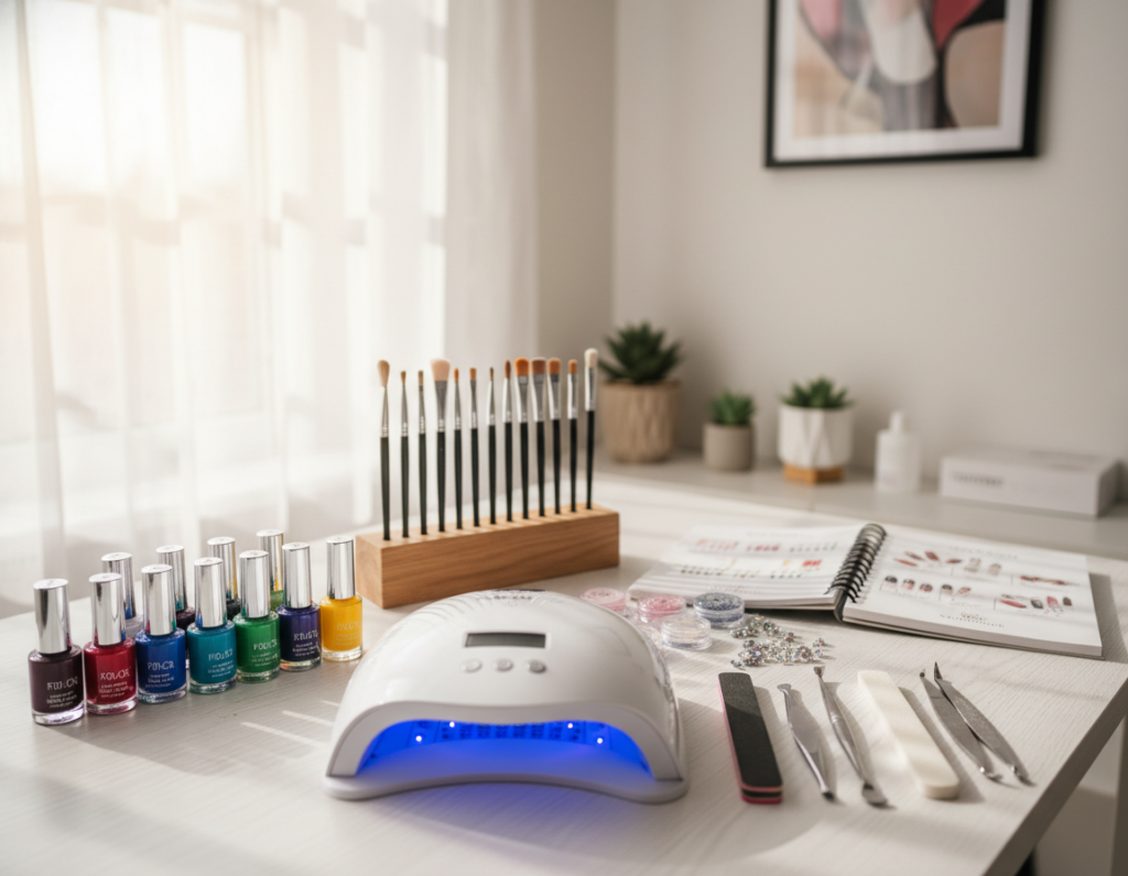 A beautifully organized hybrid nail manicure starter kit, featuring an array of essential tools and products. In the foreground, showcase a stylish nail lamp, a selection of vibrant gel polishes in various colors, and precise nail tools like a cuticle pusher and nail file. The middle ground displays a neatly arranged set of brushes for nail art and a clear guidebook on hybrid nails. The background includes a soft, bright workspace with natural lighting coming from a nearby window, enhancing the inviting atmosphere of a beauty studio. This image should convey a sense of creativity and professionalism, appealing to both beginners and experienced nail enthusiasts.