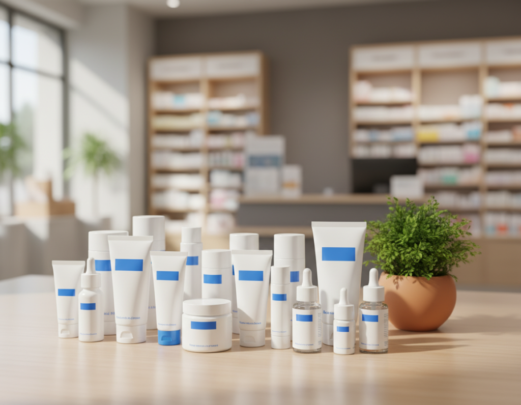 A clean and professional pharmacy display featuring a variety of over-the-counter antifungal medications specifically for nail fungus treatment. In the foreground, neatly arranged bottles and creams labeled clearly but without text, showcasing different types and sizes of packaging. The middle ground includes a serene setting with soft natural lighting that highlights the products, with a wooden counter and a gentle green plant in a pot for a touch of wellness. The background softly fades into a blurred pharmacy interior, suggesting a calm and inviting atmosphere. The overall mood is informative and reassuring, ideal for readers seeking effective solutions for nail fungus. The scene should evoke a sense of trust and professionalism in the healthcare environment. A clean and professional pharmacy display featuring a variety of over-the-counter antifungal medications specifically for nail fungus treatment. In the foreground, neatly arranged bottles and creams labeled clearly but without text, showcasing different types and sizes of packaging. The middle ground includes a serene setting with soft natural lighting that highlights the products, with a wooden counter and a gentle green plant in a pot for a touch of wellness. The background softly fades into a blurred pharmacy interior, suggesting a calm and inviting atmosphere. The overall mood is informative and reassuring, ideal for readers seeking effective solutions for nail fungus. The scene should evoke a sense of trust and professionalism in the healthcare environment.
