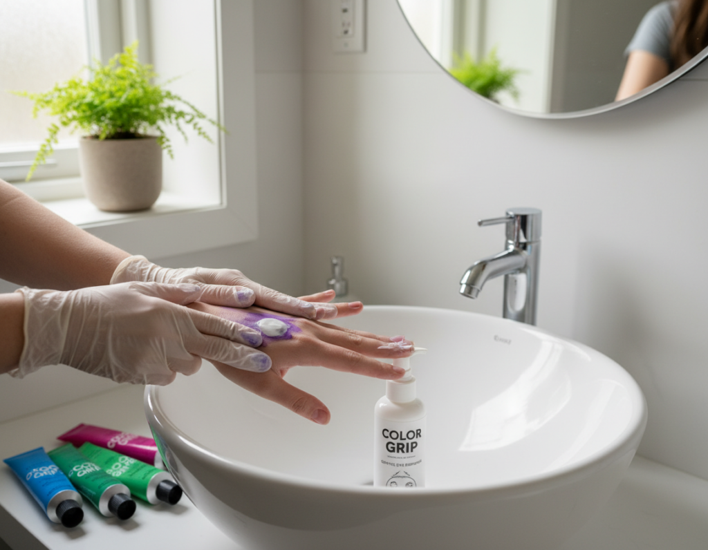 A clean bathroom scene focusing on safe hair dye removal methods from hands. In the foreground, a pair of gloved hands is gently applying a cream or liquid cleanser onto stained skin, showcasing the product in a small container. The middle ground features a stylish sink with a mirror reflecting the hands and a few colorful hair dye tubes neatly arranged nearby. Bright, natural lighting pours in from a window, creating a fresh atmosphere. Subtle green plants on the windowsill add a touch of warmth and professionalism to the setting. The composition is well-balanced, with the camera angle capturing both the action of cleaning and the surrounding relaxing environment.