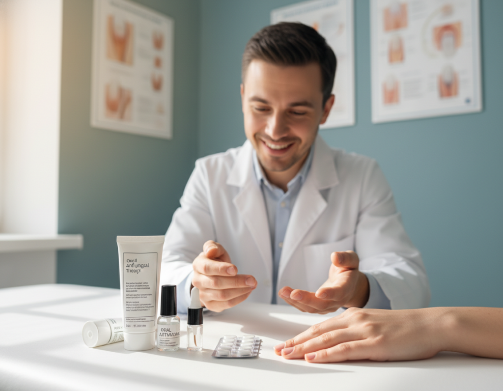 A close-up image of a professional enjoying a calm consultation in a bright, well-lit clinic, focused on the effective treatment of nail fungus. In the foreground, show a hand with healthy, well-groomed nails, alongside various antifungal treatments such as creams, nail polish, and oral medication arranged neatly on a clean surface. In the middle ground, include a friendly healthcare professional in a white lab coat, providing advice or demonstrating product use. The background features soft, soothing colors and a display of medical posters related to nail health. The lighting should be warm and inviting, creating a sense of trust and professionalism in the atmosphere.