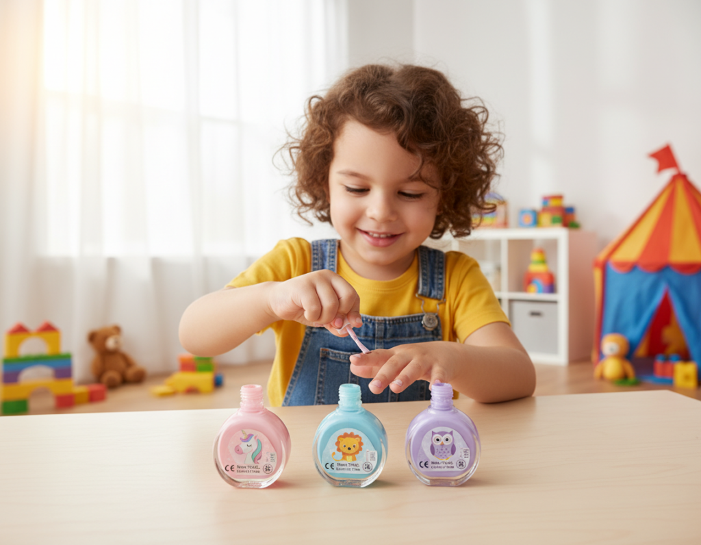 A colorful and inviting scene featuring a collection of child-friendly nail polishes with safety certification symbols clearly displayed on the bottles. In the foreground, focus on a few vibrant shades of polish—like pastel pink, sky blue, and lavender—with playful designs on the bottles, such as cute animal illustrations. In the middle ground, include a cheerful child, wearing modest casual clothing, carefully painting their nails with one of the polishes, showcasing a sense of joy and creativity. The background should be a bright, well-lit playroom with playful decor, emphasizing a safe and fun environment for children. Soft, natural lighting enhances the warmth of the scene, giving it an inviting atmosphere. A colorful and inviting scene featuring a collection of child-friendly nail polishes with safety certification symbols clearly displayed on the bottles. In the foreground, focus on a few vibrant shades of polish—like pastel pink, sky blue, and lavender—with playful designs on the bottles, such as cute animal illustrations. In the middle ground, include a cheerful child, wearing modest casual clothing, carefully painting their nails with one of the polishes, showcasing a sense of joy and creativity. The background should be a bright, well-lit playroom with playful decor, emphasizing a safe and fun environment for children. Soft, natural lighting enhances the warmth of the scene, giving it an inviting atmosphere.