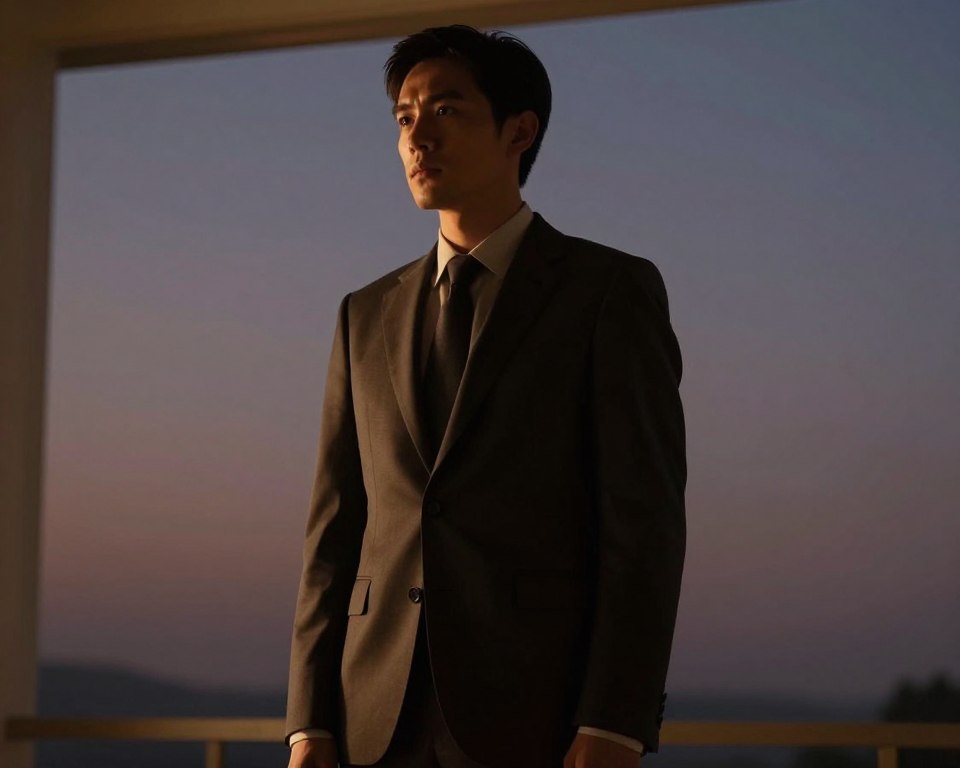 A mysterious, unfamiliar man stands in a softly lit room, portraying an enigmatic presence. He wears a smart, tailored dark suit that conveys professionalism and intrigue. His face is partially shadowed, suggesting depth and complexity, while his gaze is directed slightly away, as if lost in thought. The background features a muted, dreamlike landscape with subtle hints of twilight colors—deep blues and purples—evoking a sense of contemplation. The overall atmosphere is introspective and intriguing, as if inviting the viewer to ponder the meaning behind the man's appearance in a dream. The lighting is warm and diffused, adding to the sense of mystery and allure, while the angle captures him at a slight lower perspective to enhance his significance in the scene.