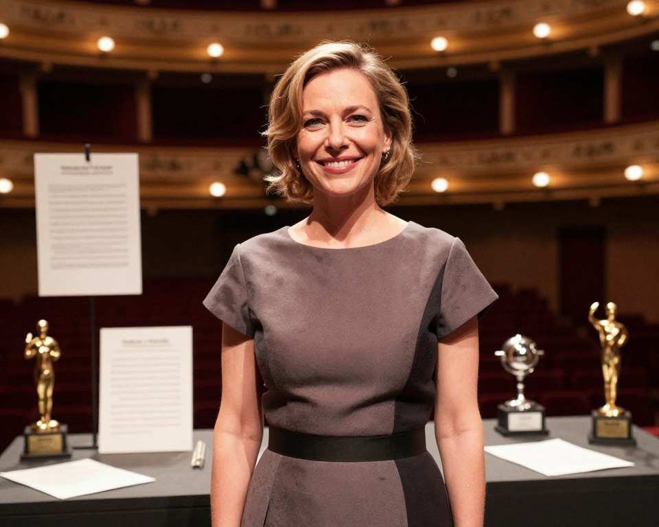 A portrait of Laura Łącz, a distinguished Polish actress, captured in a dynamic moment reflecting her vibrant acting career. In the foreground, she is elegantly dressed in a stylish, modest dress that reflects her personality, with a warm smile that conveys confidence and charisma. The middle ground features her surrounded by elements that represent her career, such as film scripts, awards, and stage props, symbolizing her contributions to the arts. In the background, a softly lit theater stage is visible, enhancing the atmosphere of creativity and performance. The lighting is warm, casting a flattering glow on her face, while the focus is sharp on her figure, with a blurred background to emphasize her presence. The mood is inspiring, highlighting her legacy in the acting world. A portrait of Laura Łącz, a distinguished Polish actress, captured in a dynamic moment reflecting her vibrant acting career. In the foreground, she is elegantly dressed in a stylish, modest dress that reflects her personality, with a warm smile that conveys confidence and charisma. The middle ground features her surrounded by elements that represent her career, such as film scripts, awards, and stage props, symbolizing her contributions to the arts. In the background, a softly lit theater stage is visible, enhancing the atmosphere of creativity and performance. The lighting is warm, casting a flattering glow on her face, while the focus is sharp on her figure, with a blurred background to emphasize her presence. The mood is inspiring, highlighting her legacy in the acting world.