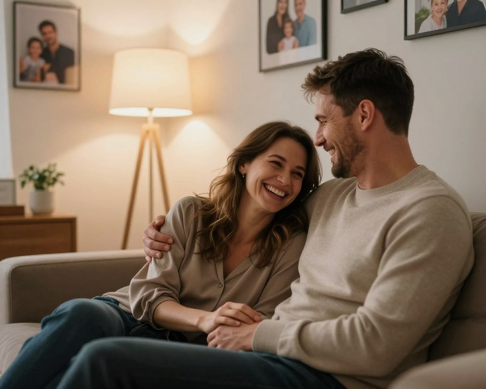 A serene and intimate scene in a beautifully decorated home, featuring a couple, Dariusz Siatkowski and his wife, sharing a candid moment together. They are dressed in modest, elegant clothing, with Dariusz wearing a smart casual sweater and his wife in a stylish blouse. The foreground captures their relaxed laughter and affection, with their hands gently touching, showcasing a deep bond. In the middle ground, a cozy living room with soft lighting emanating from a floor lamp, warm tones creating an inviting atmosphere. In the background, family photos adorn the walls, hinting at their cherished memories. The image should convey warmth, love, and the essence of privacy in their relationship, with a shallow depth of field to keep focus on the couple.