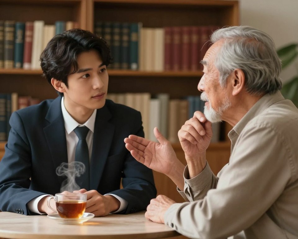 A serene, intimate scene depicting a young man in professional business attire sitting at a small table across from a wise, elderly gentleman who symbolizes a dream interpreter. The elderly man, dressed in modest casual clothing, gestures thoughtfully as he explains the significance of dreams about loved ones. The foreground features a softly lit table with a steaming cup of tea, creating a comforting atmosphere. In the middle ground, their focused expressions convey deep engagement and curiosity. The background features soft, blurred shelves filled with books on dream interpretation, hinting at wisdom and knowledge. The warm, diffused lighting sets a tranquil mood, suggesting a safe space for contemplation and understanding.