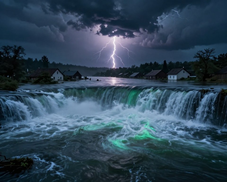 A surreal dreamscape depicting a powerful flood, with cascading waters overflowing a serene landscape. In the foreground, ominous dark waters surge, swirling with ethereal hues of blue and green, reflecting a haunting light. In the middle ground, a quaint village is partially submerged, its rooftops just peeking above the water, creating a stark contrast to the chaos. The background features dark, stormy clouds, illuminated by occasional flashes of lightning, enhancing the dramatic atmosphere. The lighting is moody and surreal, casting shadows that evoke a sense of fear and uncertainty. The overall mood is tense and contemplative, reflecting the significance of flood dreams in understanding emotions and inner turmoil. The scene is captured with a wide-angle lens to create depth and an immersive experience.