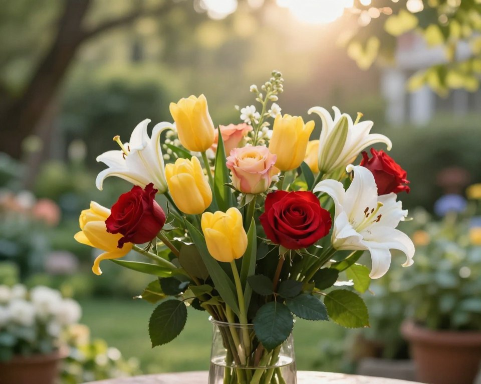 A vibrant arrangement of cut flowers, symbolizing various meanings, placed artfully in a glass vase. In the foreground, focus on a mix of colorful blooms such as red roses, yellow tulips, and white lilies, each representing different emotions and dreams. The middle ground features lush, green leaves framing the bouquet, enhancing the lively scene. In the background, a softly blurred, dreamy garden setting with gentle sunlight streaming through trees, creating a warm and serene atmosphere. The lighting is soft and natural, emphasizing the textures of the petals and leaves. The overall mood is tranquil and reflective, inviting viewers to contemplate the significance of flowers in dreams. A vibrant arrangement of cut flowers, symbolizing various meanings, placed artfully in a glass vase. In the foreground, focus on a mix of colorful blooms such as red roses, yellow tulips, and white lilies, each representing different emotions and dreams. The middle ground features lush, green leaves framing the bouquet, enhancing the lively scene. In the background, a softly blurred, dreamy garden setting with gentle sunlight streaming through trees, creating a warm and serene atmosphere. The lighting is soft and natural, emphasizing the textures of the petals and leaves. The overall mood is tranquil and reflective, inviting viewers to contemplate the significance of flowers in dreams.