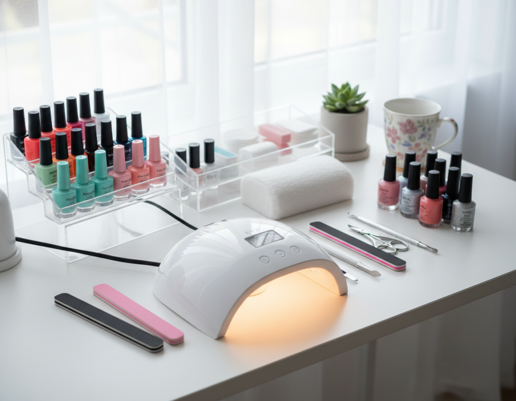 A well-organized beginner's gel nail kit displayed on a clean, modern workspace. In the foreground, a UV lamp with a sleek design, illuminating various gel nail colors and essential tools like nail files, cuticle pushers, and a buffer. The middle ground features a well-organized table with a stylish, transparent nail polish organizer showcasing vibrant gel shades. In the background, soft natural light filters through a window, creating a bright and inviting atmosphere. The scene is captured from a slight overhead angle, highlighting the tools while ensuring the workspace looks tidy and welcoming, radiating a sense of creativity and inspiration for newcomers to gel nail art.