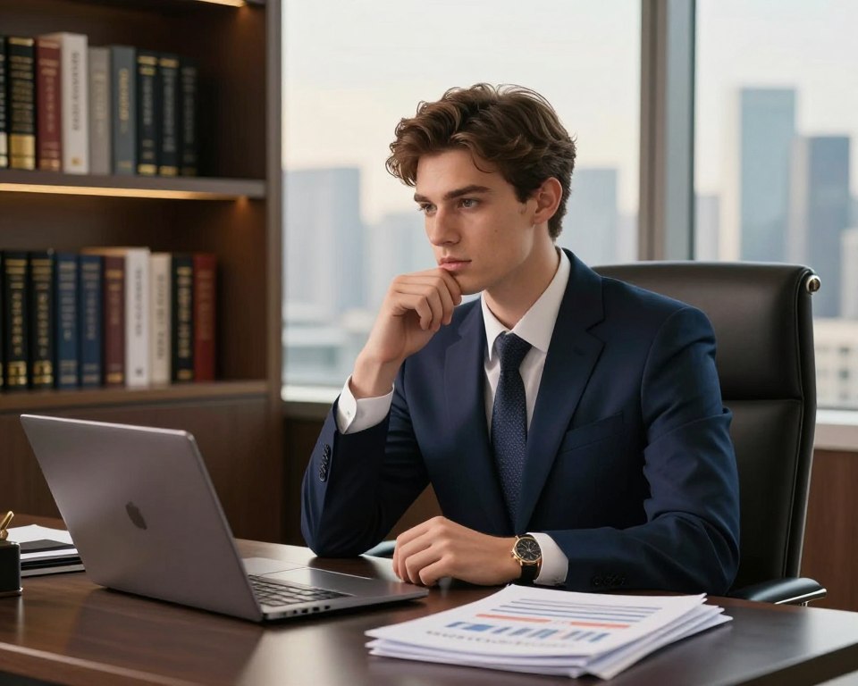 A young professional male, representing Tobias Solorz, is seated at a luxurious desk in an elegant office environment. He is dressed in a tailored navy suit with a crisp white shirt and a stylish tie, emanating confidence and sophistication. His expression is contemplative yet ambitious, reflecting a blend of youth and maturity. In the foreground, there are elegant touches like a sleek laptop and a few neatly stacked financial reports. The middle ground showcases a bookshelf filled with books on wealth management and entrepreneurship. In the background, large windows reveal a skyline of a modern city bathed in warm, golden sunlight, creating a motivational and inspiring atmosphere. The overall mood is one of aspiration and success, captured in a soft-focus with natural lighting for a professional touch.