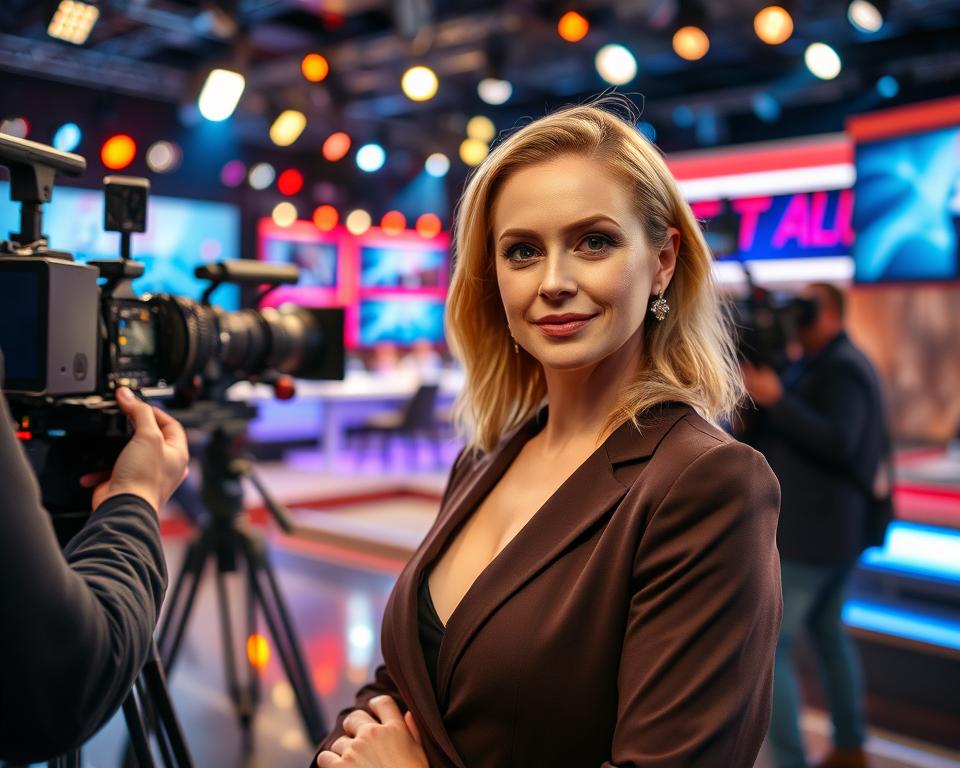 Natasza Urbańska, a Polish artist known for her dynamic presence in media and television, stands confidently in the foreground, dressed in elegant yet professional attire. Her expression is engaging, showcasing her charisma as she interacts with a camera crew. In the middle ground, a vibrant television studio is visible, filled with bright lights and modern equipment, conveying a sense of activity and professionalism. The background features a soft-focus audience area, hinting at a lively show setting. The lighting is warm and inviting, highlighting Natasza's features, while the angle is slightly elevated, creating a sense of depth and immersion. The mood is lively and inspirational, capturing the essence of her influence in the media landscape.