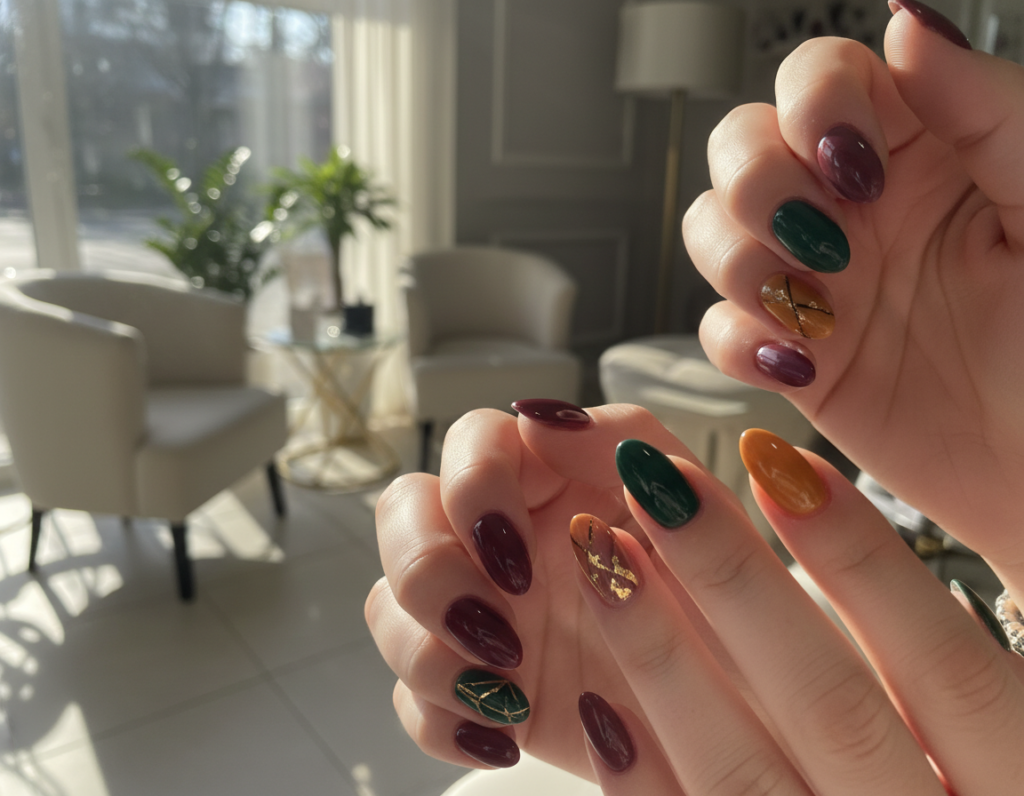 A beautifully arranged display of manicured nails featuring trendy fall shades of 2021, such as deep burgundy, forest green, warm caramel, and muted plum. In the foreground, close-up shots of several hands showcasing varied nail designs in a sophisticated salon setting, with the background softly blurred to highlight the nails. Natural sunlight filters through a window, casting a warm, cozy glow that enhances the rich colors. The atmosphere is calm and inviting, ideal for a nail salon. The composition focuses on the elegance and artistry of hybrid manicures, with a variety of textures such as glossy and matte finishes. There are no text overlays or distractions, just a seamless view of modern nail fashion reflecting the autumn ambiance. A beautifully arranged display of manicured nails featuring trendy fall shades of 2021, such as deep burgundy, forest green, warm caramel, and muted plum. In the foreground, close-up shots of several hands showcasing varied nail designs in a sophisticated salon setting, with the background softly blurred to highlight the nails. Natural sunlight filters through a window, casting a warm, cozy glow that enhances the rich colors. The atmosphere is calm and inviting, ideal for a nail salon. The composition focuses on the elegance and artistry of hybrid manicures, with a variety of textures such as glossy and matte finishes. There are no text overlays or distractions, just a seamless view of modern nail fashion reflecting the autumn ambiance.