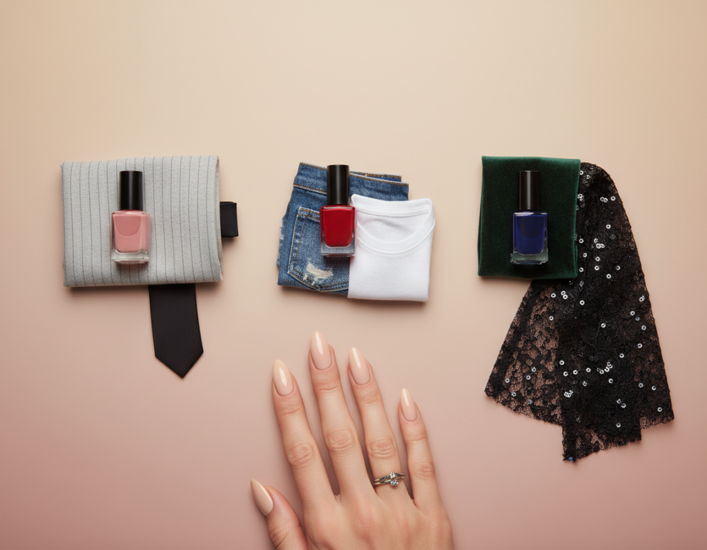 A beautifully arranged display of nails painted in various colors that complement different outfits. In the foreground, showcase a hand adorned with elegant, neutral-toned nails, perfectly manicured, reflecting a sheen under soft lighting. In the middle ground, various nail colors like soft pink, classic red, and deep navy are elegantly laid out alongside fabric swatches of different styles, such as a chic business suit, a casual outfit, and a formal dress, suggesting versatility in color choices. The background features a subtle gradient, evoking a serene atmosphere, hinting at a stylish and sophisticated environment. The lighting is warm and inviting, creating a sense of elegance, ideal for a fashion-focused article. Capture this scene from a top-down angle to emphasize the harmony between the nail colors and the diverse styles.