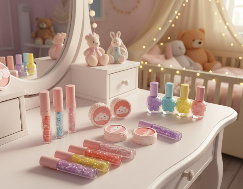 A bright and inviting display of non-toxic cosmetics designed for young girls, arranged artfully on a pastel-colored vanity. In the foreground, a variety of adorable and safe makeup products including lip gloss, blush, and nail polish in whimsical shapes and vibrant colors, radiating a sense of fun and safety. In the middle, soft natural light illuminates the scene, reflecting off the products to create a cheerful ambiance. The background features a cozy, child-friendly room with playful decor, such as stuffed animals and fairy lights, enhancing the atmosphere. The image captures the essence of safe and enjoyable beauty products for children, promoting a sense of joy and confidence in makeup exploration. A bright and inviting display of non-toxic cosmetics designed for young girls, arranged artfully on a pastel-colored vanity. In the foreground, a variety of adorable and safe makeup products including lip gloss, blush, and nail polish in whimsical shapes and vibrant colors, radiating a sense of fun and safety. In the middle, soft natural light illuminates the scene, reflecting off the products to create a cheerful ambiance. The background features a cozy, child-friendly room with playful decor, such as stuffed animals and fairy lights, enhancing the atmosphere. The image captures the essence of safe and enjoyable beauty products for children, promoting a sense of joy and confidence in makeup exploration.