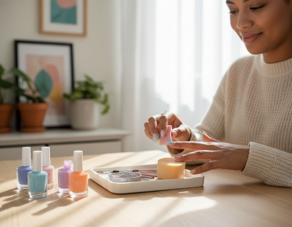 A bright and well-lit home workspace set up for creating ombre nails. In the foreground, a neatly arranged nail art kit featuring colorful nail polishes, a sponge, and brushes lies on a clean wooden table. In the middle ground, a person wearing casual yet tidy clothing is gently applying polish to their nails, focused and relaxed, showcasing the ombre technique. The background includes soft, blurred hints of bright decorative items and natural light streaming through a window, creating a warm and inviting atmosphere. The image captures a serene moment of creativity, emphasizing the step-by-step preparation process for ombre nails. The focus is on the intricate details of the nails and the tools, with soft shadows enhancing the mood of this DIY beauty project.