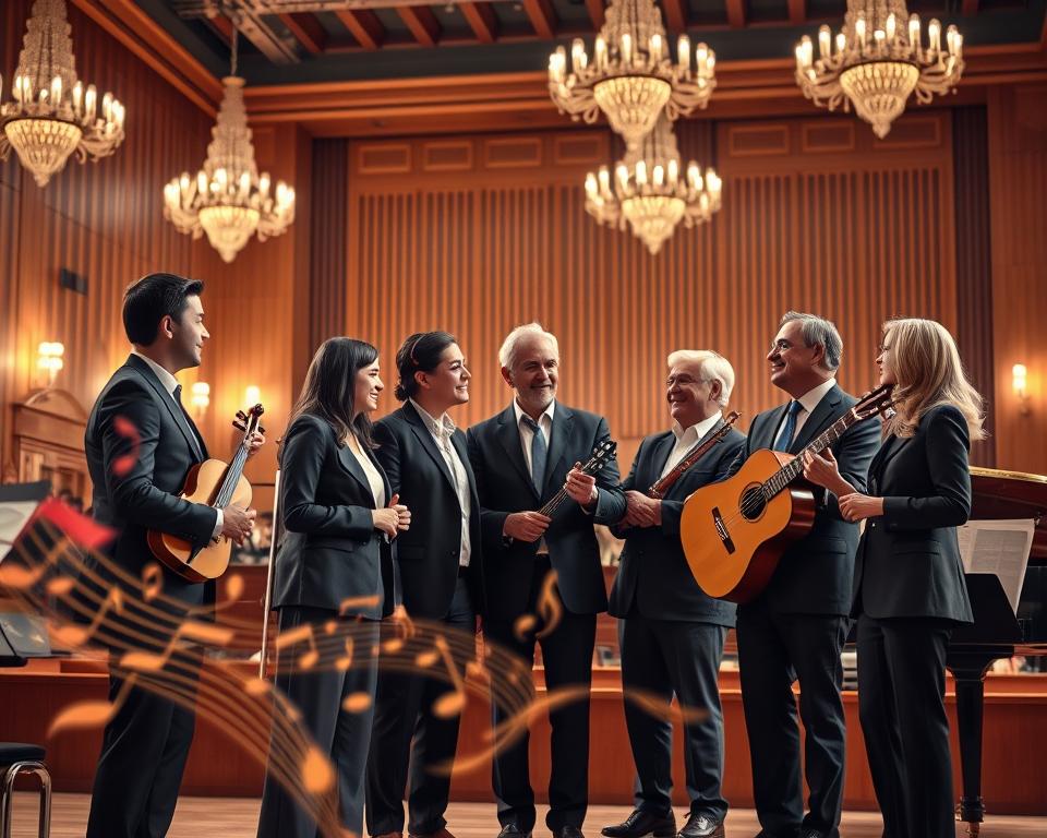 A captivating scene depicting the influence of Paweł Gołecki on musical culture. In the foreground, a diverse group of musicians of various ages, dressed in professional business attire, stand together, engaging in animated conversation while holding instruments—the violin, guitar, and piano keys visually representing their musical collaboration. The middle ground features vibrant notes and musical sheets swirling around them, symbolizing creative energy. In the background, a softly illuminated concert hall with a rich wooden stage and elegant chandeliers sets a warm, inviting atmosphere. The lighting is soft and warm, casting gentle shadows, creating a sense of depth while emphasizing the musicians’ expressions of passion and inspiration. The overall mood evokes a feeling of creativity and collaboration, showcasing the profound impact of Gołecki’s work on modern music.