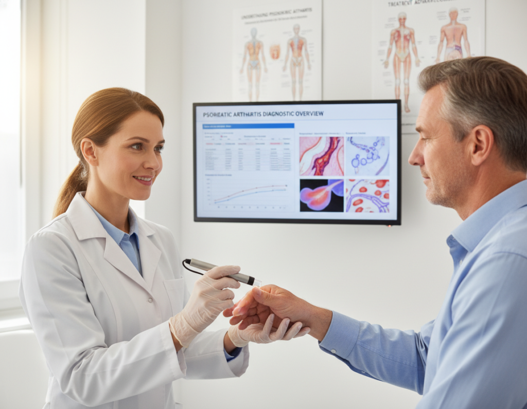 A clinical setting focused on diagnosing psoriatic arthritis, with a doctor examining a patient's hands closely for symptoms, such as joint swelling and skin lesions. The foreground features the doctor's hands in a white lab coat holding a diagnostic tool, while the patient, dressed in a modest shirt, shows their inflamed joints. In the middle ground, a digital display shows relevant medical charts and images of psoriatic lesions. The background depicts a well-lit, organized examination room with medical posters about psoriatic arthritis. The atmosphere should feel professional, emphasizing meticulous examination and hope in treatment, bathed in bright, soft lighting to suggest a reassuring environment.
