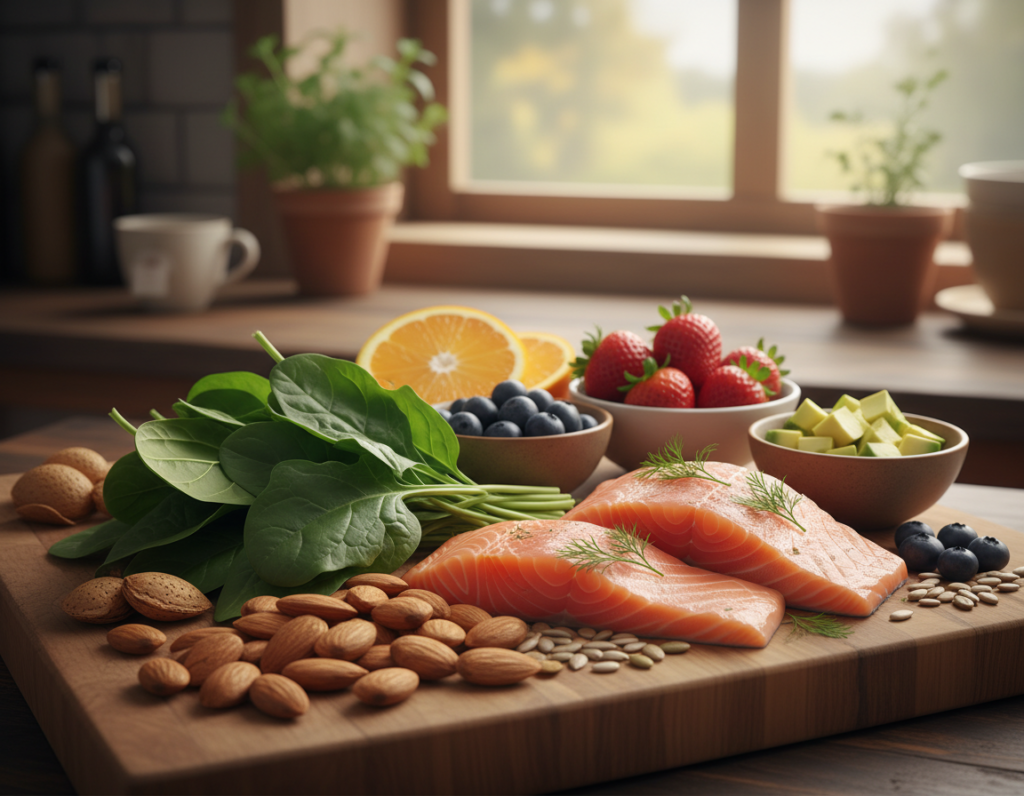 A close-up composition focused on a vibrant and colorful spread of foods that promote nail health, such as almonds, spinach, and fish. In the foreground, a beautifully arranged wooden cutting board showcases various ingredients rich in vitamins and minerals, with the emphasis on textures and colors—crunchy nuts, dark leafy greens, and pink salmon. In the middle, a soft, blurred background reveals a cozy kitchen setting with warm, natural lighting streaming in through a window, creating an inviting atmosphere. The scene captures a sense of health and vitality, emphasizing wholesome nutrition as the key to strong nails, with a serene and uplifting mood. The image should have a clean and professional aesthetic without any text or distractions.