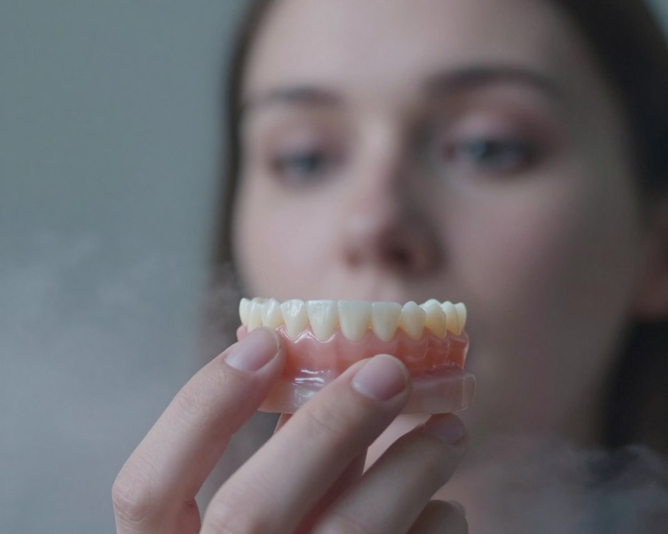 A close-up image depicting a delicate denture partially falling from an elegant human hand, emphasizing the detail of the prosthetic teeth. The foreground features the fine textures of the denture and hand, with soft lighting highlighting their surfaces. In the middle ground, a subtle, blurred facial expression conveys surprise and contemplation, reflecting the emotional nuances associated with dream interpretations involving dentures. The background showcases a softly lit, dream-like environment—hints of wispy clouds or mist ensure a surreal atmosphere. Use a slight depth of field to blur the background, focusing the viewer's attention on the denture and hand. Aim for a calm and introspective mood, inviting viewers to ponder the symbolism of dental prosthetics in dreams. A close-up image depicting a delicate denture partially falling from an elegant human hand, emphasizing the detail of the prosthetic teeth. The foreground features the fine textures of the denture and hand, with soft lighting highlighting their surfaces. In the middle ground, a subtle, blurred facial expression conveys surprise and contemplation, reflecting the emotional nuances associated with dream interpretations involving dentures. The background showcases a softly lit, dream-like environment—hints of wispy clouds or mist ensure a surreal atmosphere. Use a slight depth of field to blur the background, focusing the viewer's attention on the denture and hand. Aim for a calm and introspective mood, inviting viewers to ponder the symbolism of dental prosthetics in dreams.
