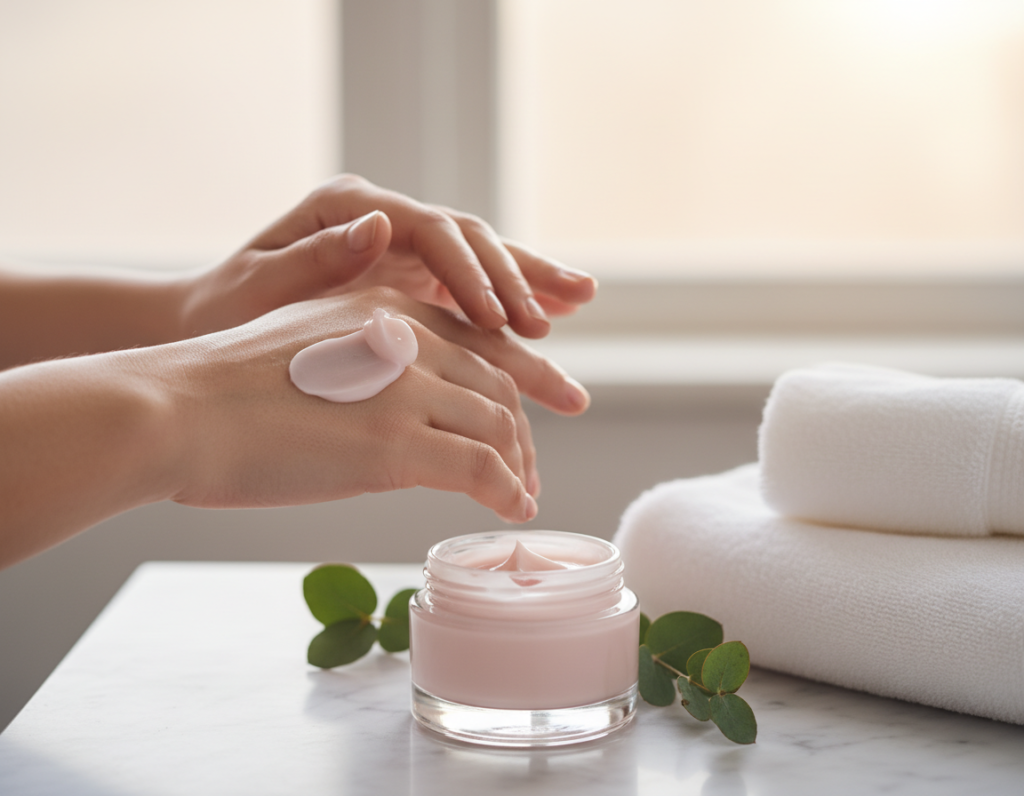 A close-up image of a person's hands gently applying a rich, creamy hand cream to dry, cracked skin. The foreground features a soft pink or white cream being smeared across the back of a hand, emphasizing the texture and hydration being restored. In the middle ground, an elegant glass jar of the cream is visible, surrounded by small, calming elements like green leaves and soft towels, creating a serene atmosphere. The background is softly blurred to maintain focus on the hands and cream, with warm, natural lighting suggesting a cozy bathroom setting. The mood should evoke feelings of care and comfort, emphasizing the importance of skincare in treating cracked skin on hands.