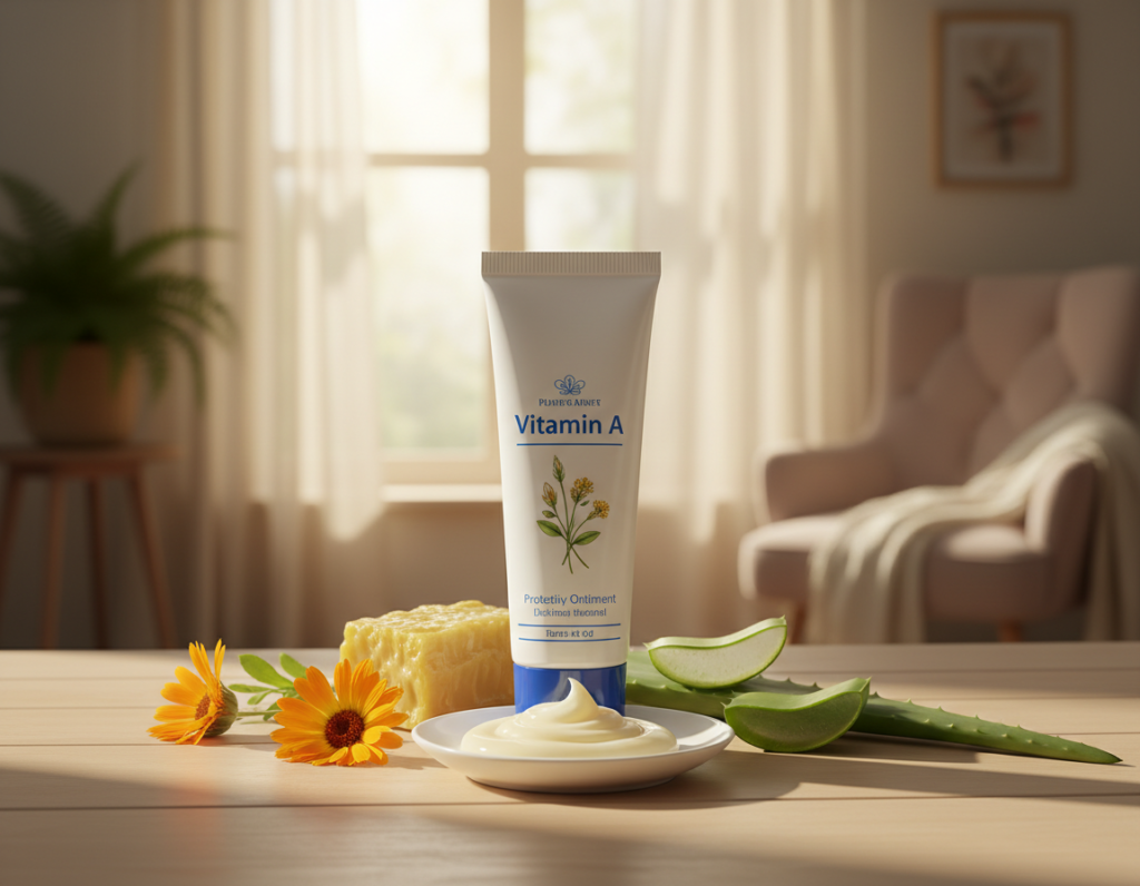 A close-up image of a protective ointment tube labeled "Vitamin A" placed elegantly on a clean, wooden surface. In the foreground, showcase a small dollop of the cream on a clean, white surface, emphasizing its smooth and creamy texture. In the middle ground, include a subtle arrangement of natural ingredients such as calendula flowers, beeswax, and aloe vera leaves that represent the healing properties of the ointment. The background features a soft-focus, sunny indoor setting with soft natural light filtering through a window, creating a warm and inviting atmosphere. The overall mood should be soothing and rejuvenating, reflecting the essence of skin protection and care.