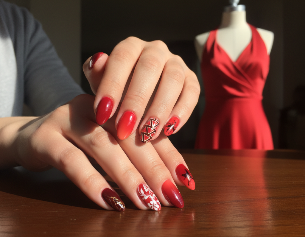 A close-up image of elegantly manicured nails featuring a variety of red nail polish shades inspired by the color wheel. The nails are adorned with artistic designs that complement each shade, showcasing intricate patterns like ombre, marble effects, and geometric shapes. The setting features a polished wooden table with soft natural lighting, casting gentle shadows to enhance the textures of the nails. In the background, blurred elements of a stylish red dress hang on a mannequin, subtly connecting the colors and themes. The mood is chic and sophisticated, perfect for highlighting the beauty of nail art that accentuates red apparel. Capture the image from a slight angle to focus on the nails while providing context with the soft-focus background.