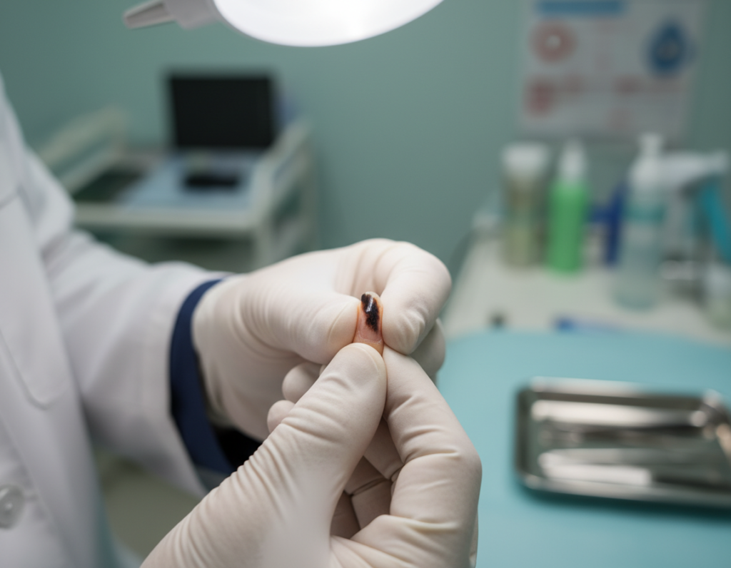 A close-up of a human fingernail showcasing Hutchinson's line, a distinct dark streak running vertically along the nail. The nail is shown in detail, highlighting changes in color and texture indicative of potential melanoma. The foreground features a pair of hands gently holding the nail, dressed in modest professional attire, ensuring a clinical and serious tone. The middle ground focuses on the nail itself, illuminated by soft, diffused lighting to enhance textures and details. In the background, a softly blurred medical setting with subtle hints of medical tools, reinforcing the diagnostic theme. Capture an atmosphere of seriousness and professionalism, emphasizing the importance of recognizing these symptoms in nail health.