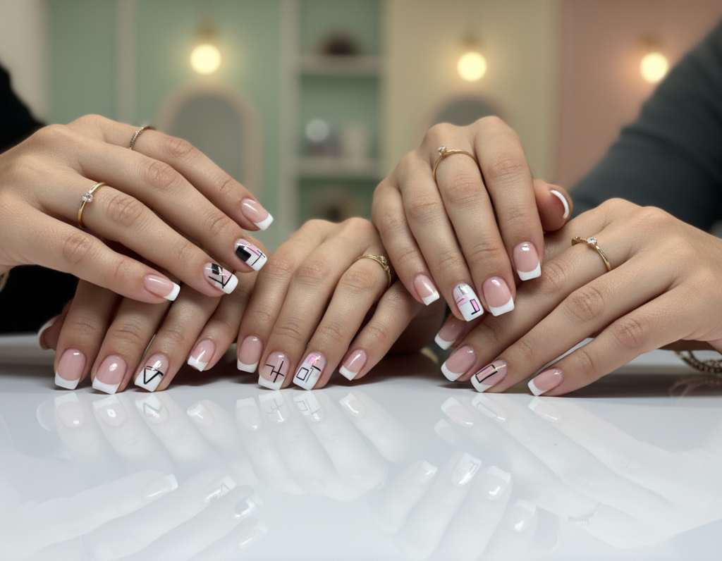 A close-up of elegantly manicured nails showcasing various trendy French manicure designs, featuring modern patterns such as geometric shapes, ombre effects, and minimalist art. The foreground highlights a diverse array of hands with stylish nail art styles, adorned with subtle jewelry. In the middle, a polished surface reflects the nails, capturing the intricate details of each design, such as gradient colors and fine line work. The background is softly blurred to create depth, emphasizing a bright and chic salon atmosphere with pastel colors and soft lighting. The mood is fresh and fashionable, reflecting the current trends in nail art. The angle is slightly elevated to focus on the artistry of the nails. A close-up of elegantly manicured nails showcasing various trendy French manicure designs, featuring modern patterns such as geometric shapes, ombre effects, and minimalist art. The foreground highlights a diverse array of hands with stylish nail art styles, adorned with subtle jewelry. In the middle, a polished surface reflects the nails, capturing the intricate details of each design, such as gradient colors and fine line work. The background is softly blurred to create depth, emphasizing a bright and chic salon atmosphere with pastel colors and soft lighting. The mood is fresh and fashionable, reflecting the current trends in nail art. The angle is slightly elevated to focus on the artistry of the nails.