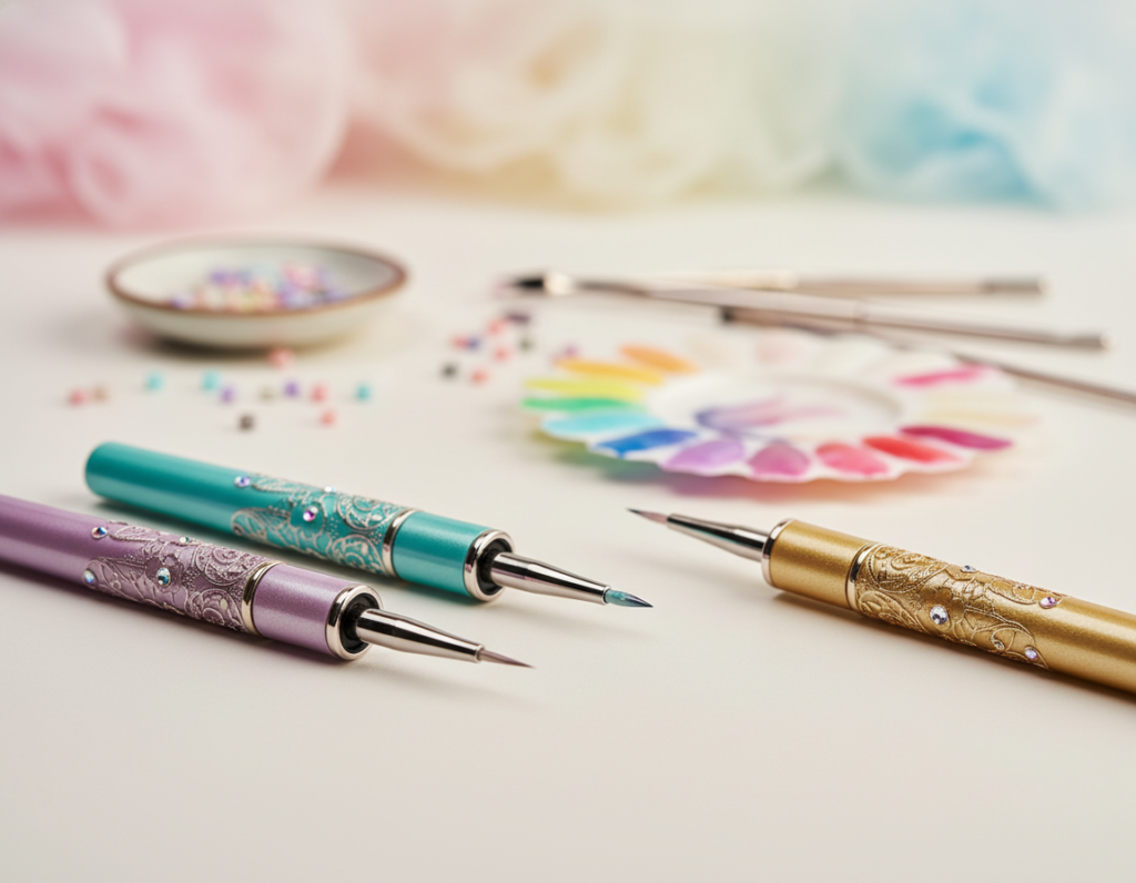 A close-up view of a collection of nail polish pens with various applicator tips, elegantly displayed on a clean, minimalist surface. The foreground features several pens in different vibrant colors, showcasing detailed designs on their bodies. In the middle ground, blurred nail art tools and swatches of colorful nail designs create a creative atmosphere. The background is softly lit with pastel hues, enhancing the overall mood of creativity and beauty. The lighting is soft and diffused, reminiscent of a well-lit beauty studio, giving the scene a professional and inviting feel. The focus is sharp on the pens, highlighting their precision and versatility, evoking the excitement of choosing the ideal nail polish pen.