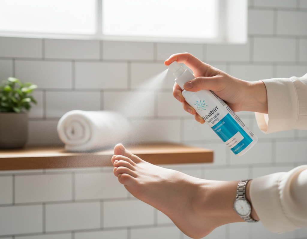 A close-up view of a hand applying Skinatrin antifungal spray to a toenail, showcasing the spray bottle clearly in focus. The hand is depicted wearing a modest, professional outfit, suggesting care and hygiene. The background features a bright, clean bathroom setting with soft natural light illuminating the scene, emphasizing a fresh and therapeutic atmosphere. The lens captures the moment from a slight angle to portray the action of spraying, highlighting the product's application. The colors are soothing and neutral, creating a calm and informative mood, suitable for an educational article on nail fungus treatment.