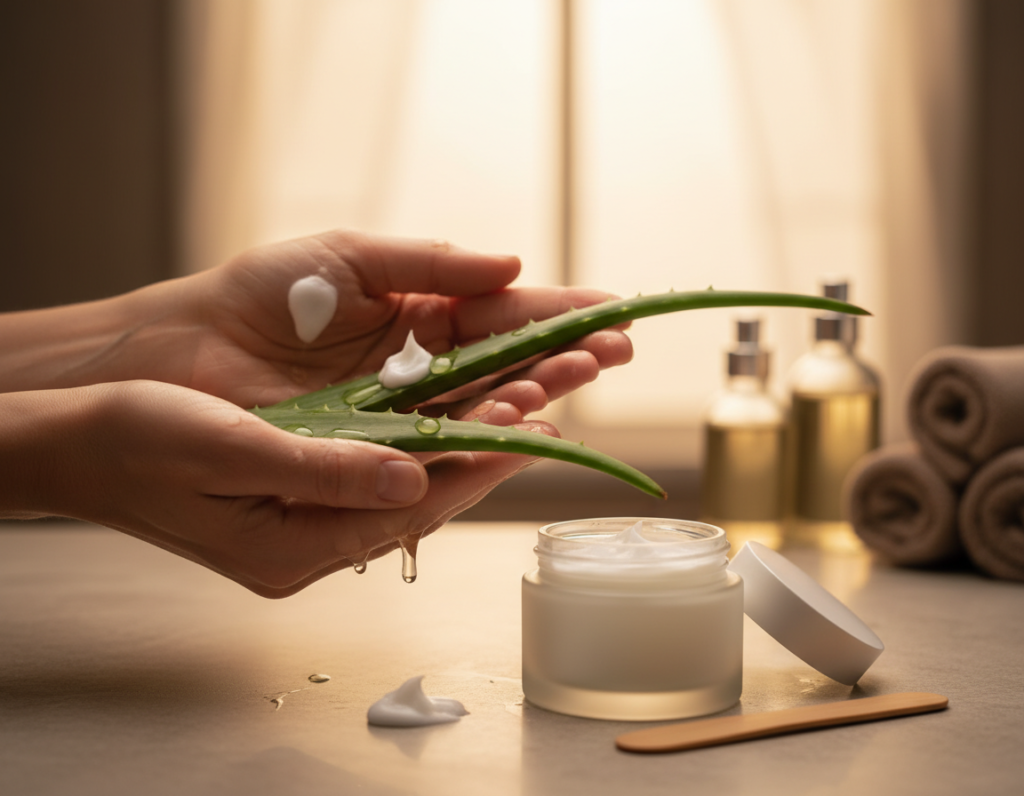 A close-up view of a pair of hands, showcasing the process of hand care for damaged skin. In the foreground, the hands are gently cradling a lush, green aloe vera plant, with fragments of natural oils and moisturizing creams scattered around. The middle ground features an open jar of hand cream, with a small wooden applicator lying beside it, emphasizing a meticulous skincare routine. The background is softly blurred, hinting at a serene bathroom setting with natural light filtering through a window, creating a warm and inviting atmosphere. The image should evoke a sense of tranquility and tenderness, highlighting the importance of nurturing one’s hands. Use soft-focus and warm lighting to enhance the overall mood.