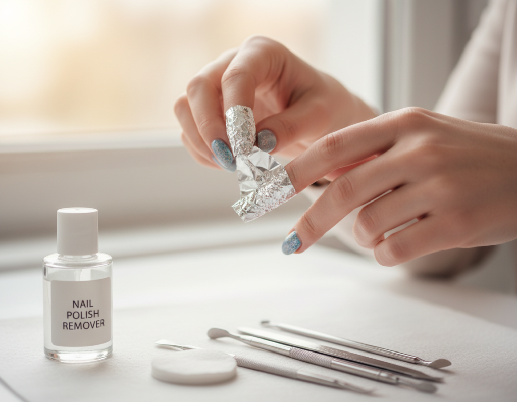 A close-up view of a person's hands carefully wrapping aluminum foil around their fingers, with a focus on the removal of hybrid nail polish. The foreground showcases the person's well-groomed nails, partially covered in a glossy hybrid polish, while the bright, clean workspace includes a bottle of nail polish remover and manicure tools. In the background, there is soft, diffused lighting creating a warm and inviting atmosphere. The color scheme is soft and neutral, emphasizing cleanliness and hygiene. The image captures a step-by-step process in nail care, conveying a sense of professionalism and attention to detail.
