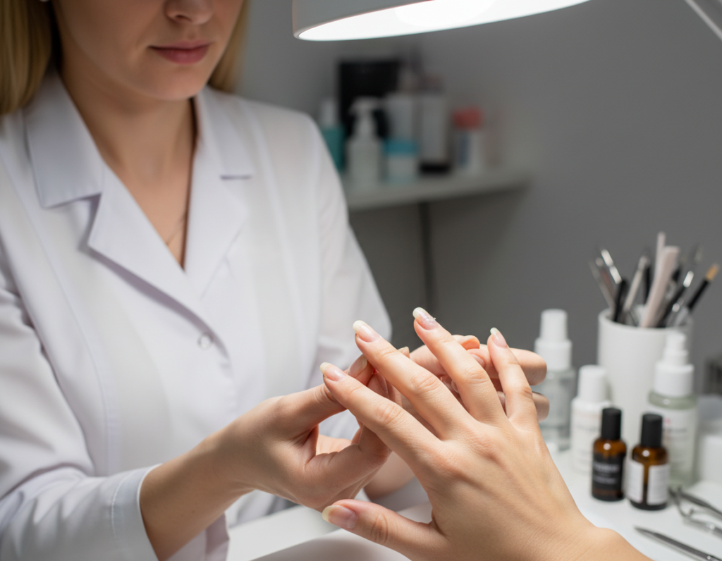 A close-up view of a professional nail technician examining a hand with onycholysis symptoms, showcasing damaged nails and peeling, separated from the nail bed. The technician, dressed in a clean, white lab coat, holds the hand gently under a bright examination light, highlighting the details of the discolored and fragile nails. In the background, softly blurred, a well-organized nail care station with various tools like nail files, cuticle nippers, and moisturizing lotions creates a clinical yet inviting atmosphere. The lighting is bright and focused, casting soft shadows that emphasize the textures of the nails and the technician's attentive expression, conveying a mood of professionalism and care.