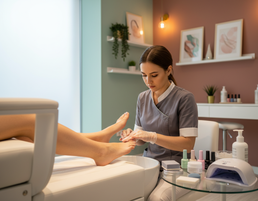 A close-up view of a professional nail technician preparing feet for hybrid pedicure in a modern salon setting. The foreground features beautifully manicured feet resting on a pedicure chair, with soft lighting highlighting their smoothness. Tools for pedicure, like files, scrubs, and nail polish, are organized neatly on a nearby table, indicating an efficient workspace. In the middle ground, a focused technician wearing a stylish, modest uniform is gently exfoliating the feet, emphasizing care and professionalism. The background shows a contemporary salon design with soft pastel colors, enhancing a relaxing atmosphere. Warm, diffused lighting creates a calm and inviting feel, perfect for a pampering session.
