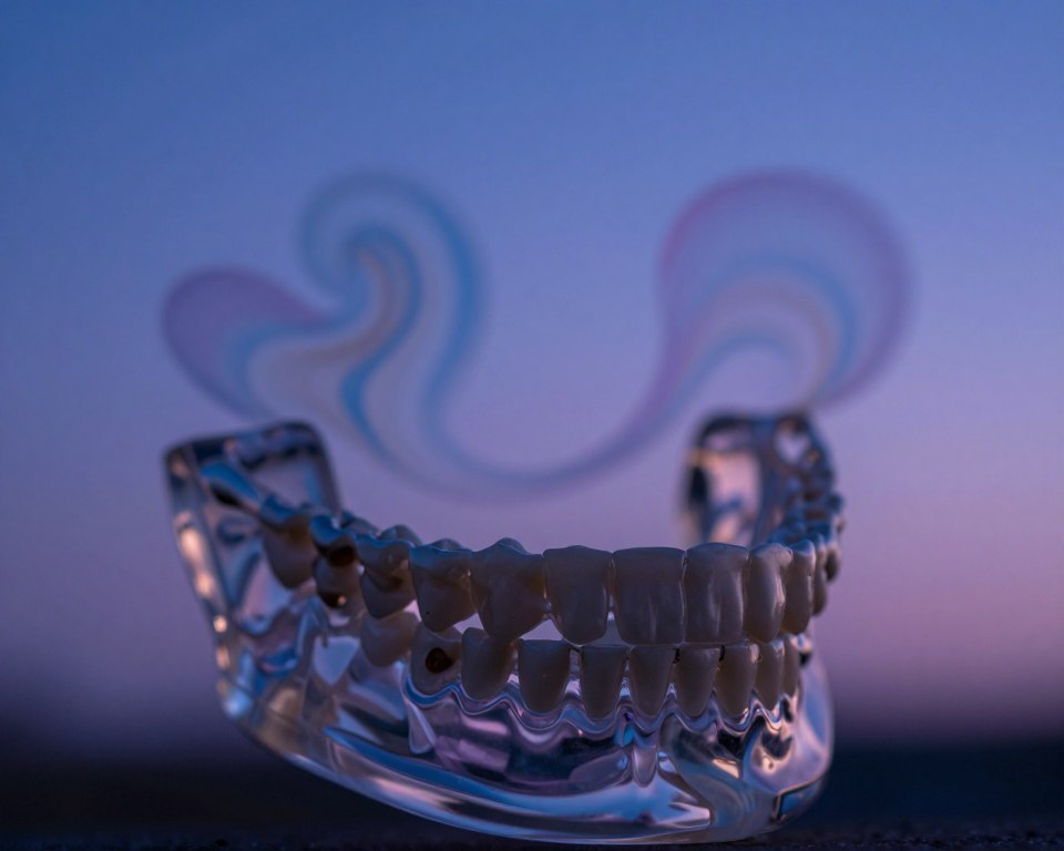 A close-up view of a surreal interpretation of a dream featuring an artificial jaw and teeth, placed prominently in the foreground. The artificial jaw is made of shiny, metallic materials with intricate designs, reflecting light in an ethereal manner. In the middle ground, soft, abstract shapes swirl around the jaw, symbolizing the subconscious mind, with hints of dreamy colors like blues and purples. The background is softly blurred, featuring a twilight sky that transitions from deep indigo to a gentle lavender hue, creating a calm and introspective mood. The lighting is soft and diffused, giving a sense of otherworldliness, as if illuminated by moonlight. The composition should evoke curiosity and contemplation, inviting viewers to explore the dreamlike theme.