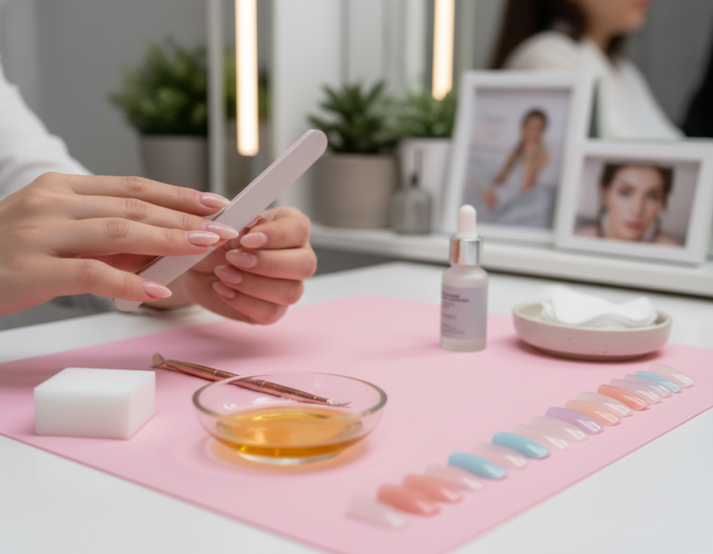 A close-up view of a well-lit workspace focused on preparing nails for applying tips without glue. In the foreground, a pair of hands, elegantly manicured, gently file the edges of a set of natural nails using a fine nail file. Surrounding the hands, tools like a cuticle pusher, a nail buffer, and a small dish of nail oil create an organized and inviting atmosphere. In the middle ground, a soft pink silicone mat provides a clean surface, while a few colorful nail tips are neatly arranged on the side. The background features a softly blurred vanity mirror reflecting a serene and tidy beauty environment. The lighting is bright and even, creating a fresh and calm mood perfect for a beauty preparation scene. A close-up view of a well-lit workspace focused on preparing nails for applying tips without glue. In the foreground, a pair of hands, elegantly manicured, gently file the edges of a set of natural nails using a fine nail file. Surrounding the hands, tools like a cuticle pusher, a nail buffer, and a small dish of nail oil create an organized and inviting atmosphere. In the middle ground, a soft pink silicone mat provides a clean surface, while a few colorful nail tips are neatly arranged on the side. The background features a softly blurred vanity mirror reflecting a serene and tidy beauty environment. The lighting is bright and even, creating a fresh and calm mood perfect for a beauty preparation scene.