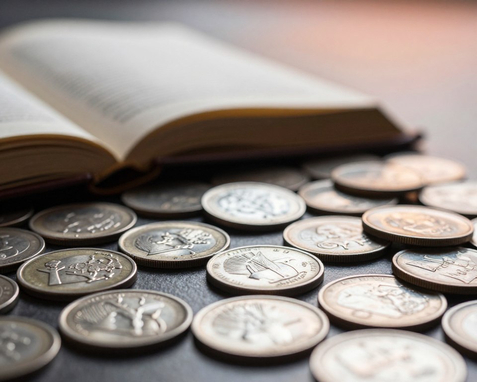 A close-up view of an array of silver coins, showcasing intricate details and symbolic imagery etched into their surfaces. The foreground features various coins arranged artfully, each reflecting light differently, highlighting their unique designs and textures. In the middle ground, a softly blurred leather-bound book with pages fanned out, hinting at the deeper meanings behind each coin's symbolism. The background presents a subtle gradient of soft, warm colors, creating a tranquil and contemplative atmosphere. Soft, diffused lighting enhances the reflective qualities of the coins while casting gentle shadows, adding depth. The overall mood conveys a sense of history, tradition, and the richness of monetary symbolism, inviting the viewer to explore the significance of each piece.