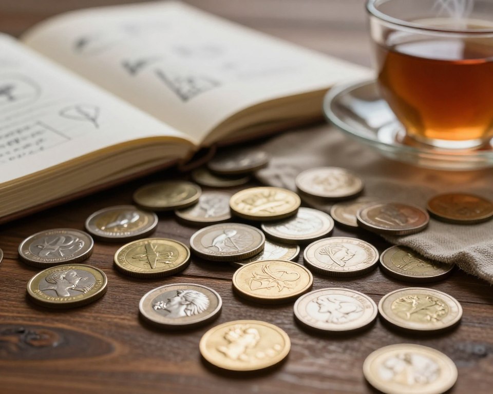 A close-up view of an elegant, wooden table scattered with various coins, each gleaming under soft, warm lighting. In the foreground, a few shiny gold and silver coins are placed prominently, showcasing intricate designs and details that hint at their historical significance. In the middle ground, larger coins are partially tucked beneath a semi-transparent linen cloth, suggesting a sense of mystery and depth. A blurred background reveals an open journal filled with sketches and notes about money dreams, along with a steaming cup of tea to symbolize contemplation. The atmosphere is calm and reflective, conveying the connection between dreams of wealth and daily life. Use a slightly angled perspective to enhance the layered appearance of the scene.