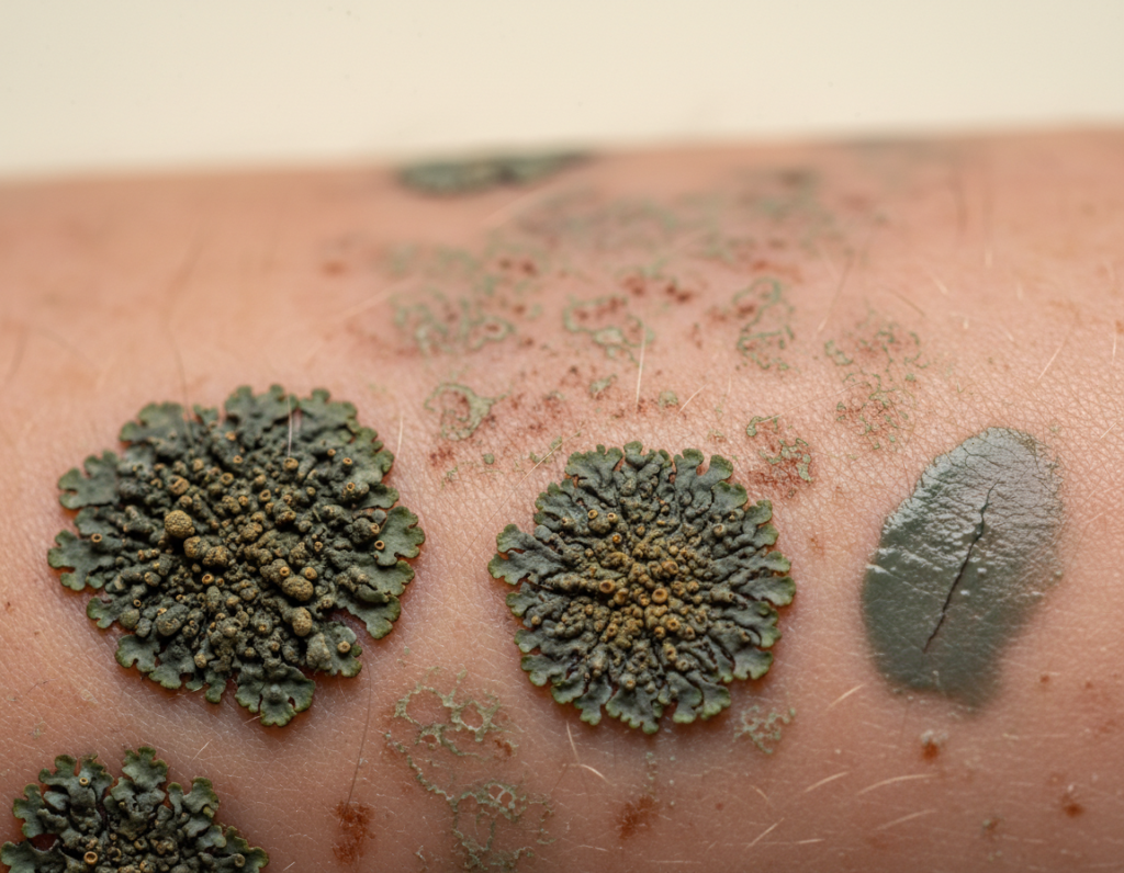 A close-up view of different types of lichen on human skin, showcasing various textures and colors. In the foreground, capture several distinct patches of lichen in varying stages of development—some with rough, raised surfaces while others appear smooth and flat. The middle ground should contain more subtle patterns of skin where lichen is less pronounced, conveying a contrast between healthy and affected areas. Soft, diffused lighting highlights the intricate details, emphasizing the lichen's unique colors: earthy greens, grays, and browns. The background should be a neutral, out-of-focus tone to enhance clarity. The overall mood is clinical and educational, designed to inform the viewer about the visual characteristics of lichen on skin in a professional context. A close-up view of different types of lichen on human skin, showcasing various textures and colors. In the foreground, capture several distinct patches of lichen in varying stages of development—some with rough, raised surfaces while others appear smooth and flat. The middle ground should contain more subtle patterns of skin where lichen is less pronounced, conveying a contrast between healthy and affected areas. Soft, diffused lighting highlights the intricate details, emphasizing the lichen's unique colors: earthy greens, grays, and browns. The background should be a neutral, out-of-focus tone to enhance clarity. The overall mood is clinical and educational, designed to inform the viewer about the visual characteristics of lichen on skin in a professional context.