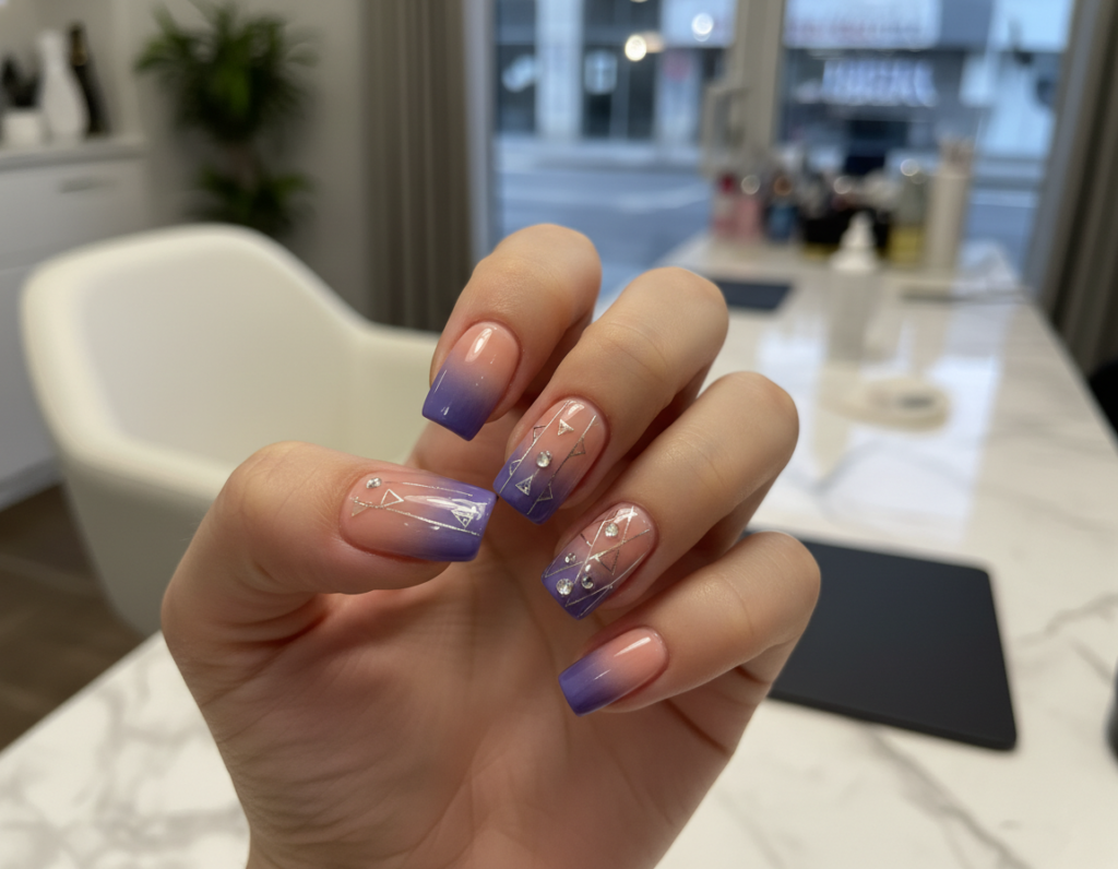 A close-up view of elegant hybrid nail designs featuring a stunning gradient effect, complemented by modern embellishments such as delicate geometric patterns and sparkling accents. The foreground showcases a perfectly manicured hand positioned gracefully, with the nails receiving focus in a soft, diffused lighting that creates a warm and inviting atmosphere. In the background, out of focus, there are subtle hints of a chic nail salon environment, enhancing the modern aesthetic. The image is captured with a shallow depth of field using a macro lens to highlight the intricate details of the nail art. Overall, the mood is stylish and contemporary, appealing to those seeking trendy nail inspiration.