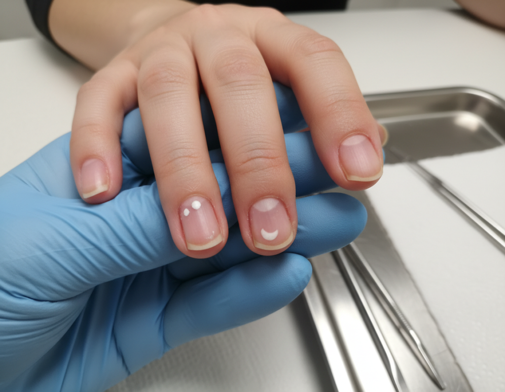 A close-up view of human fingernails displaying distinct white spots or blemishes, surrounded by a clean, clinical background suggesting a medical environment. The focus is on the nails, which should be well-groomed and show varying degrees of white discoloration. Include an examining hand wearing a pair of disposable medical gloves, subtly suggesting an examination. Soft, diffused lighting enhances the details of the nails while creating a calm and clinical atmosphere. Use a shallow depth of field to draw attention to the nails, blurring the background slightly. The overall mood should evoke professionalism and care, emphasizing the diagnostic aspect of white spots on nails in a serene setting.