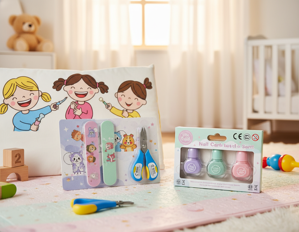A colorful and attractive children's nail care set featuring safe, certified tools like child-sized nail clippers, gentle nail files, and non-toxic nail polish in pastel shades. The set is laid out on a soft surface, perhaps a plush mat, in the foreground, with bright, playful illustrations of happy children using the tools behind it. The background is a sunny, cozy room, softly lit by natural light streaming through the window, creating a cheerful and inviting atmosphere. The angle captures the set from a slight overhead view, emphasizing the safety certifications on the packaging, while a few subtle toys are scattered around to enhance the child-friendly environment. The overall mood is fun, safe, and nurturing, showcasing the importance of selecting the right nail care tools for children.