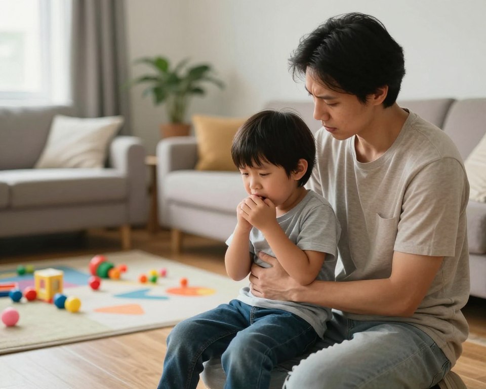 A concerned parent kneels beside a young child seated on a couch, displaying signs of distress after vomiting. The foreground captures the parent, dressed in modest casual clothing, gently supporting the child, who has a worried expression. The middle ground shows a stylishly furnished living room with a colorful play area scattered with toys. In the background, soft natural light filters through a window, creating a warm and comforting atmosphere. The scene conveys compassion and care, with an emphasis on the parent-child bond during a moment of illness. The overall mood is one of concern balanced with nurturing support, focusing on the child's experience and the atmosphere of a home setting.