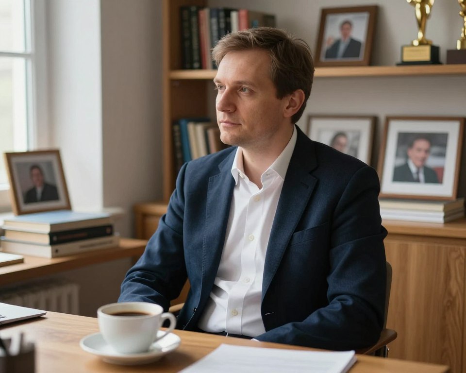 A contemplative Maciej Samsonowicz is seated in a cozy, well-lit home office, surrounded by books and framed photographs. He wears a professional dark blue blazer over a crisp white shirt, exuding a calm and thoughtful demeanor. In the foreground, a cup of coffee rests on a wooden desk, adding warmth to the scene. Behind him, shelves filled with books and awards suggest his successful career as a journalist. Soft light filters through a nearby window, creating an inviting atmosphere. The composition reflects a balance between personal and professional life, emphasizing the serene essence of Maciej's private world. The lens captures his thoughtful expression at a slight angle, enhancing the depth of the image while maintaining a focus on his contemplative moment.
