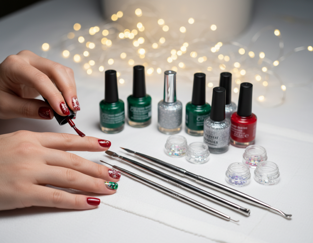 A cozy, beautifully arranged manicure station set up for holiday-themed hybrid nail preparation. In the foreground, a pair of well-groomed hands is gently applying vibrant red nail polish with shimmering gold accents, showcasing intricate designs of snowflakes and Christmas trees. The middle section features an array of nail polish bottles in festive colors—emerald green, silver glitter, and classic red—along with elegant nail tools artistically displayed on a soft white cloth. In the background, softly blurred fairy lights create a warm, inviting atmosphere, enhancing the sense of holiday cheer. The lighting is bright yet diffuse, capturing the essence of a joyful and creative festive preparation, perfect for the holiday season.