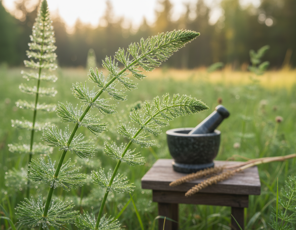A detailed close-up of field horsetail (Equisetum arvense) showcasing its unique, segmented structure and lush green colors in a natural setting. In the foreground, highlight fresh horsetail sprigs with dew glistening on their surfaces, symbolizing vitality and medicinal properties. The middle ground includes a small wooden table topped with natural herbal medicine tools such as a mortar and pestle, alongside a few dried horsetail stems, underscoring its use in traditional medicine. In the background, a softly blurred landscape of a serene forest or meadow bathed in warm, golden afternoon light creates a calming atmosphere. The image should evoke a sense of holistic health and tranquility, with a focus on the medicinal aspect of this plant, captured at a slightly elevated angle to provide depth.
