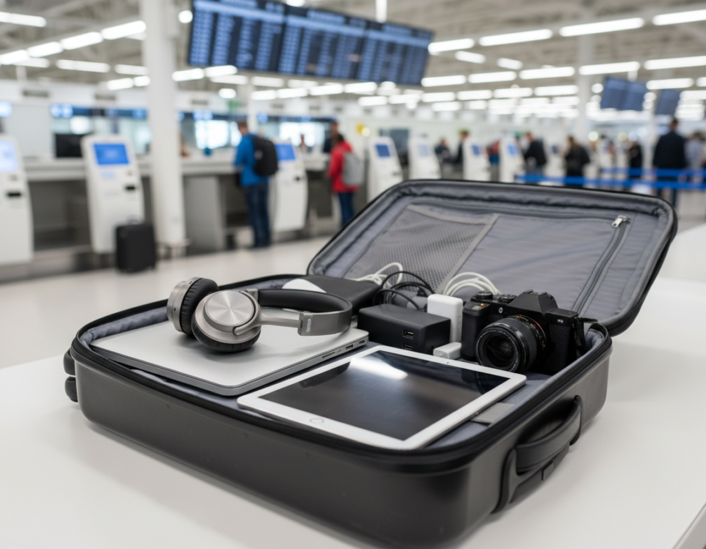 A detailed view of a well-organized carry-on bag open on an airport check-in counter, showcasing various electronic devices allowed in hand luggage. In the foreground, a sleek laptop and tablet are neatly placed next to a set of headphones and a portable charger. In the middle, a power bank and a small camera are visible, adding to the tech theme. The background features blurred airport elements such as check-in kiosks and a busy travel environment, with bright overhead lighting creating a professional and bustling atmosphere. The scene is captured with a focus on depth, using a shallow depth of field to emphasize the electronics while softly blurring the background, evoking a sense of travel readiness and organization. A detailed view of a well-organized carry-on bag open on an airport check-in counter, showcasing various electronic devices allowed in hand luggage. In the foreground, a sleek laptop and tablet are neatly placed next to a set of headphones and a portable charger. In the middle, a power bank and a small camera are visible, adding to the tech theme. The background features blurred airport elements such as check-in kiosks and a busy travel environment, with bright overhead lighting creating a professional and bustling atmosphere. The scene is captured with a focus on depth, using a shallow depth of field to emphasize the electronics while softly blurring the background, evoking a sense of travel readiness and organization.