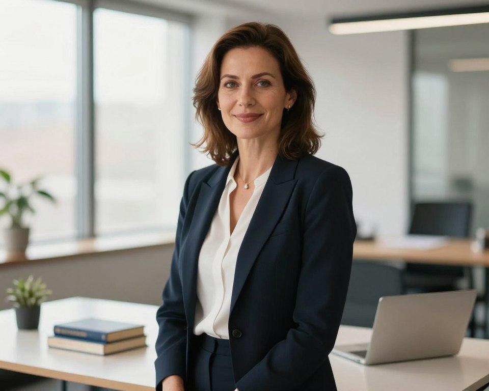 A dignified portrait of a woman in her 40s, evoking the essence of Magdalena Chrzczonowicz. She stands confidently in a modern office environment, wearing professional business attire, with a soft smile that conveys wisdom and experience. The foreground features her engaging gaze and neatly styled hair, while the middle ground showcases a sleek desk with a few elegant books and a laptop, hinting at her professional life. In the background, large windows let in natural light, illuminating the room and creating a bright atmosphere. The overall mood is one of professionalism and approachability. Use a shallow depth of field with a soft bokeh effect for the background to keep the focus on her. The lighting is warm and inviting, capturing the spirit of a successful career woman. A dignified portrait of a woman in her 40s, evoking the essence of Magdalena Chrzczonowicz. She stands confidently in a modern office environment, wearing professional business attire, with a soft smile that conveys wisdom and experience. The foreground features her engaging gaze and neatly styled hair, while the middle ground showcases a sleek desk with a few elegant books and a laptop, hinting at her professional life. In the background, large windows let in natural light, illuminating the room and creating a bright atmosphere. The overall mood is one of professionalism and approachability. Use a shallow depth of field with a soft bokeh effect for the background to keep the focus on her. The lighting is warm and inviting, capturing the spirit of a successful career woman.