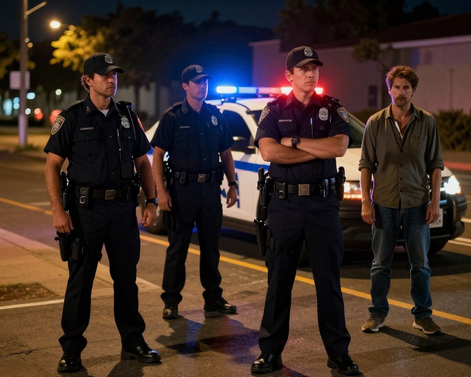 A dramatic scene depicting the moment of a police stop, capturing the tension and gravity of the situation. In the foreground, a uniformed police officer stands firmly, arms crossed, exuding authority and vigilance. A second officer, cautiously approaching a civilian in modest casual clothing, who looks apprehensive yet compliant. In the middle ground, a police vehicle, with flashing lights, is visible, adding to the urgency of the scene. The background features a dimly lit urban street at night, illuminated by streetlights casting long shadows, enhancing the suspenseful atmosphere. The image should showcase realistic shadows and reflections, with a slightly low angle to emphasize the officers' presence. The overall mood is serious and somber, resonating with the themes of authority and introspection related to feelings of being stopped and questioned.
