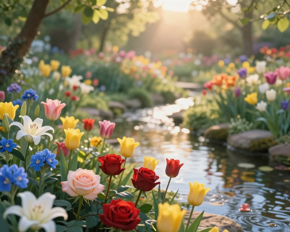 A dreamlike landscape featuring a variety of vibrant flowers symbolizing dreams and their interpretations. In the foreground, a cluster of delicate roses, lilies, and tulips in vivid colors—deep reds, bright yellows, and soft blues—create a stunning visual. The middle ground showcases a gentle stream reflecting the colors of the flowers, with soft ripples enhancing the serene atmosphere. In the background, a soft-focus blurred garden bathed in warm, golden sunlight, with light rays filtering through lush green leaves, adds a magical touch. The scene has a calm, introspective mood, inviting viewers to ponder the meaning of dreams associated with flowers. Capture this with a soft, diffused lens at a slightly elevated angle to create depth in the image. Avoid any text or markings.
