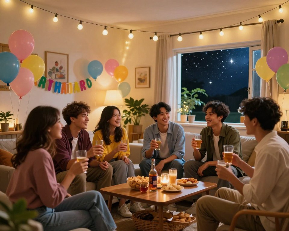 A dreamlike scene depicting a lively house party, capturing the essence of social gatherings in a cozy, inviting atmosphere. In the foreground, a group of six smiling friends dressed in smart casual attire are engaged in conversation, with drinks in hand and laughter illuminating their faces. The middle ground features a decorated living room filled with colorful balloons, streamers, and a table laden with a variety of snacks and beverages. String lights hang above, casting a warm, soft glow across the scene. In the background, an open window reveals a starry night sky, enhancing the dreamy quality of the atmosphere. The overall mood is joyful and celebratory, inviting viewers into this enchanting dream interpretation of a house party. A dreamlike scene depicting a lively house party, capturing the essence of social gatherings in a cozy, inviting atmosphere. In the foreground, a group of six smiling friends dressed in smart casual attire are engaged in conversation, with drinks in hand and laughter illuminating their faces. The middle ground features a decorated living room filled with colorful balloons, streamers, and a table laden with a variety of snacks and beverages. String lights hang above, casting a warm, soft glow across the scene. In the background, an open window reveals a starry night sky, enhancing the dreamy quality of the atmosphere. The overall mood is joyful and celebratory, inviting viewers into this enchanting dream interpretation of a house party.